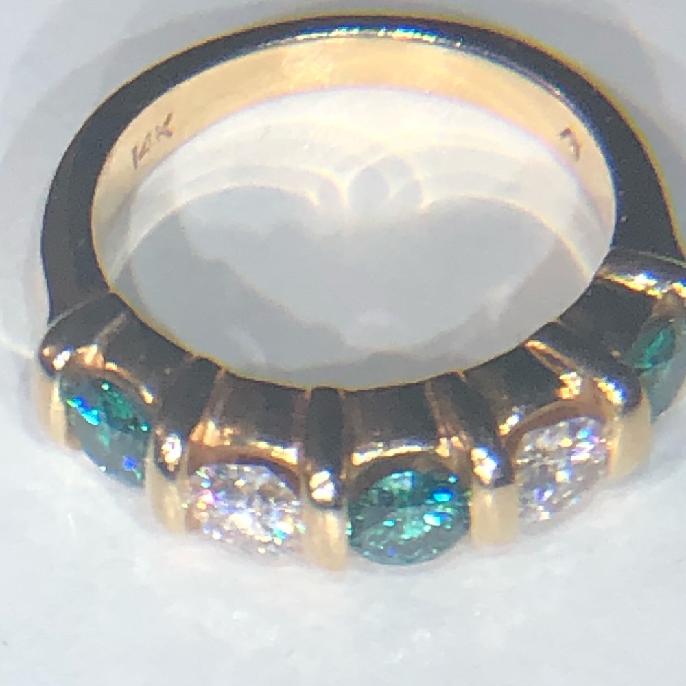 14kt yellow Gold Green & Clear Moissanite Ring Sz6